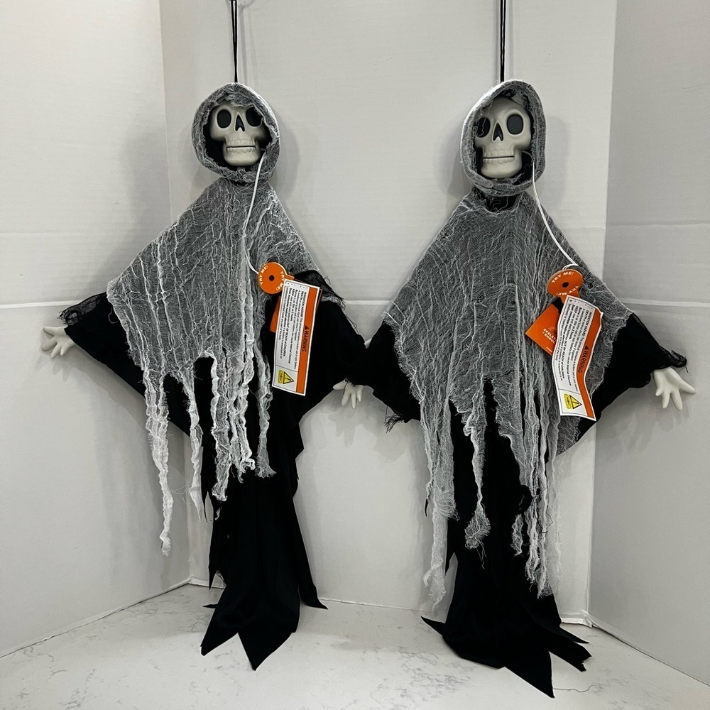 Spooky Skeleton with Hooded Gray and Black Cloak